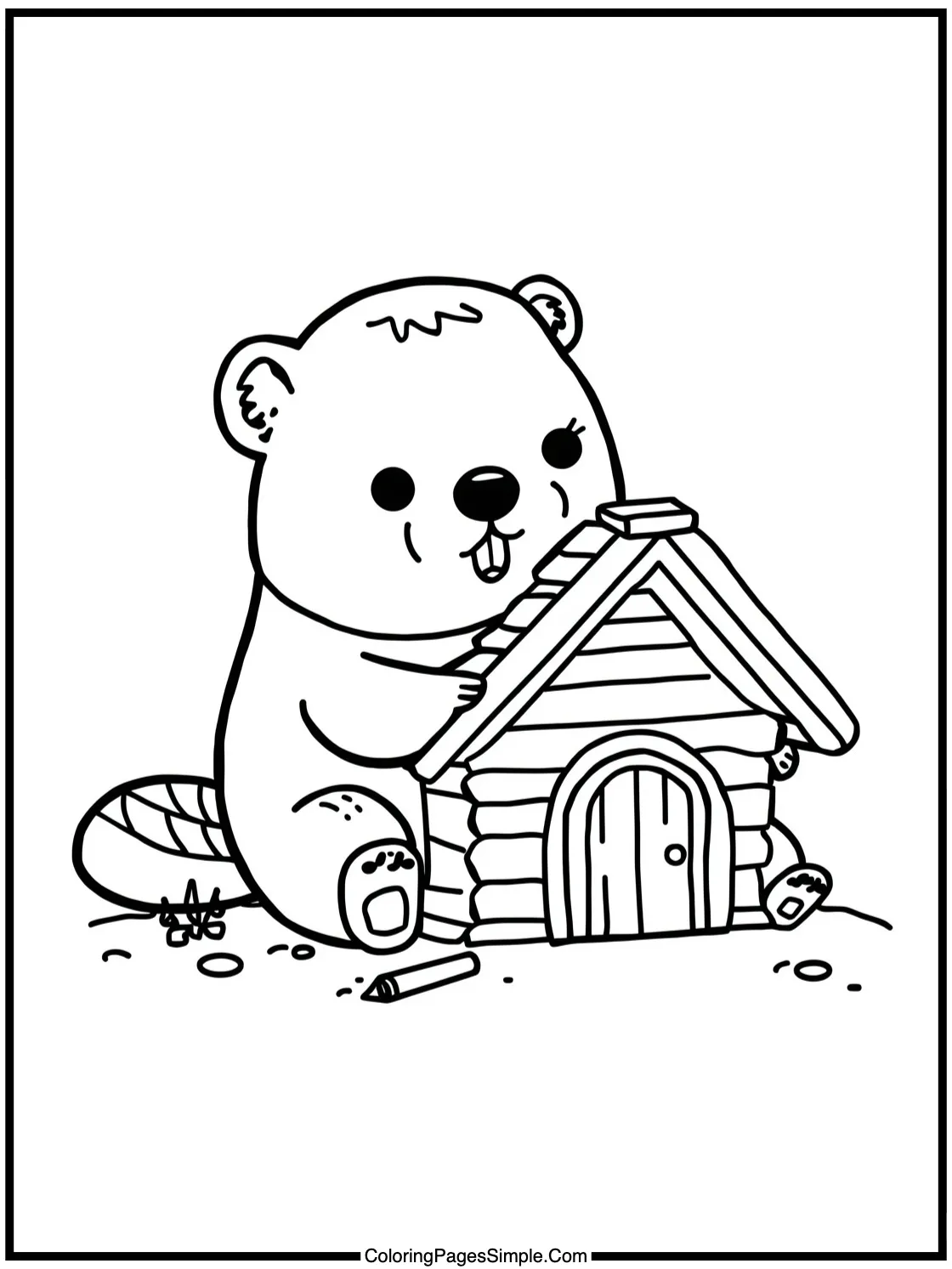 Chibi Beaver building a tiny wooden house.