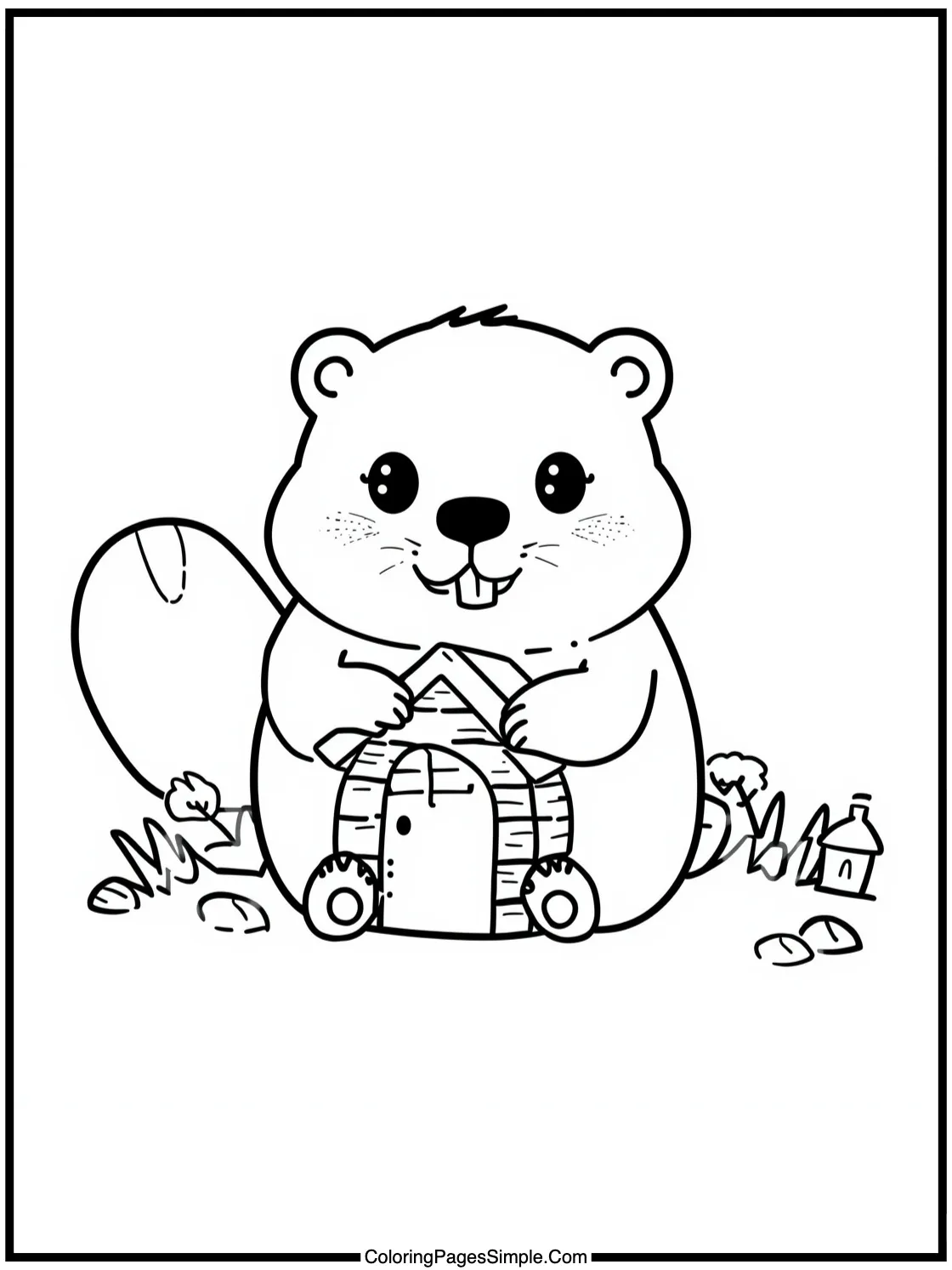 Chibi Beaver building a tiny wooden house.