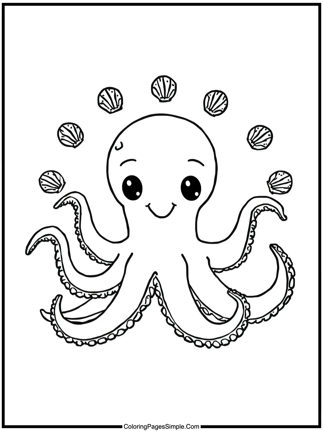 Chibi Octopus juggling tiny colorful shells.