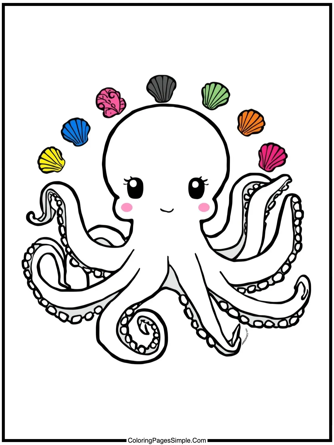 Chibi Octopus juggling tiny colorful shells.
