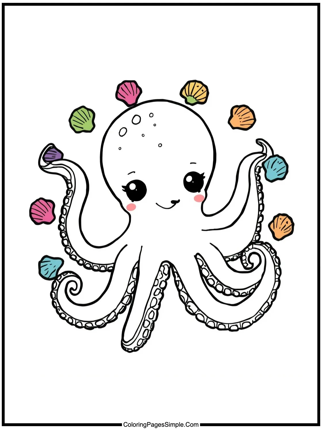 Chibi Octopus juggling tiny colorful shells.