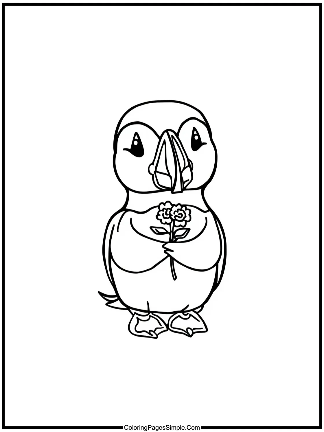 Chibi Puffin holding tiny flowers.