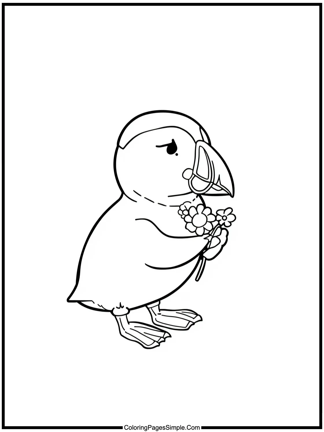 Chibi Puffin holding tiny flowers.