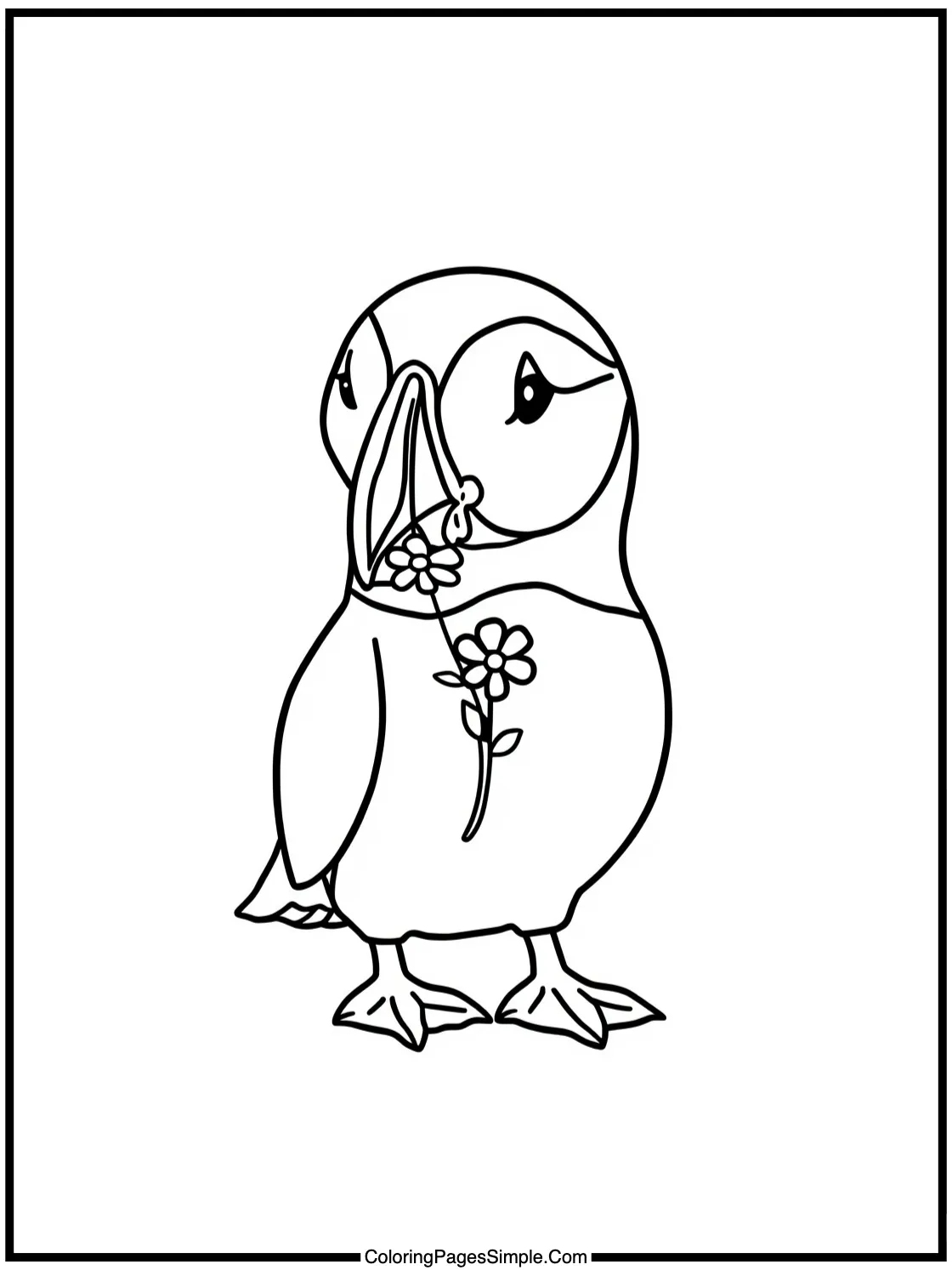 Chibi Puffin holding tiny flowers.