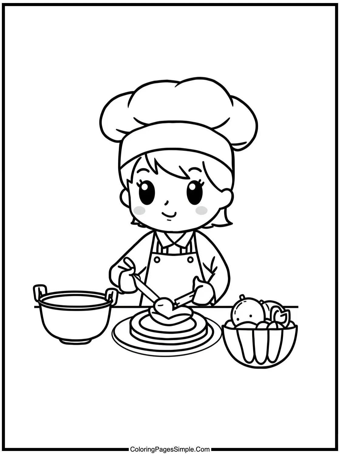 Chibi chef making heart shaped pancakes.