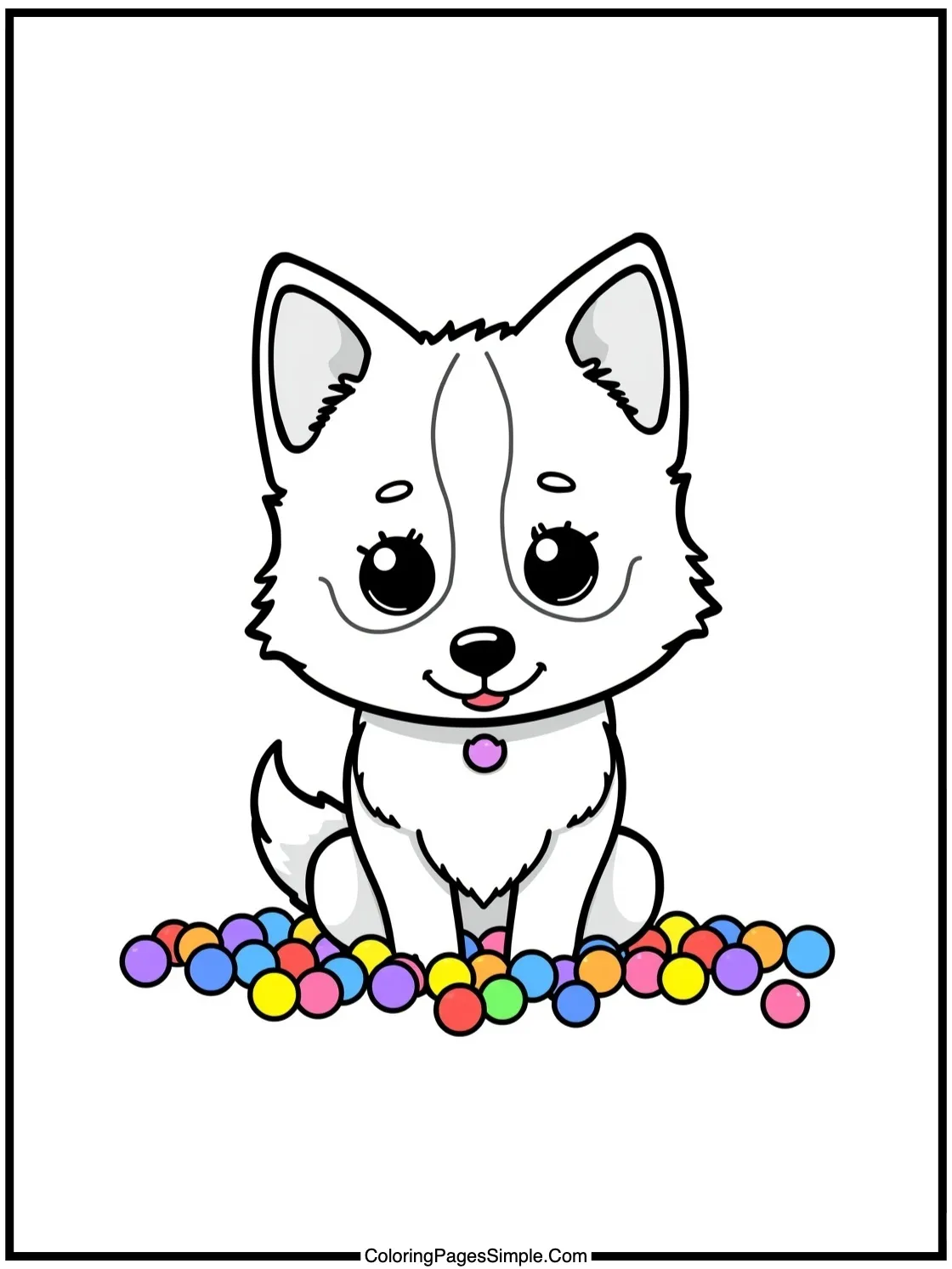 Chibi collie herding tiny colorful balls.