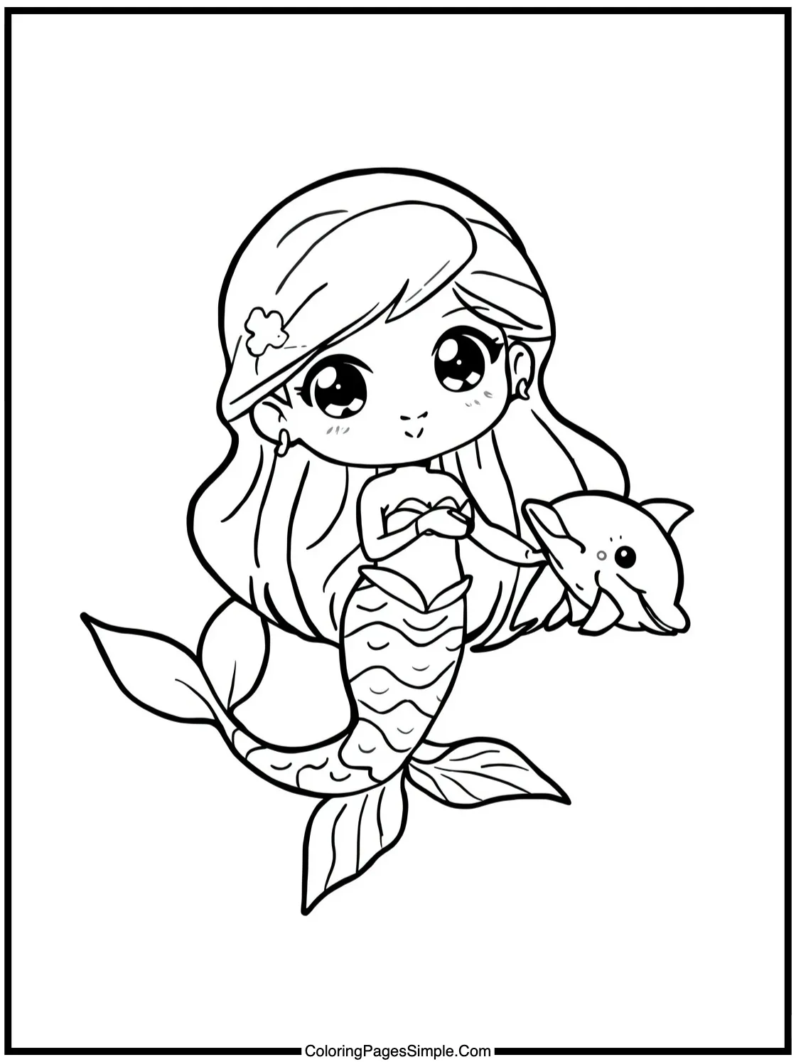 Chibi mermaid playing with small dolphin.