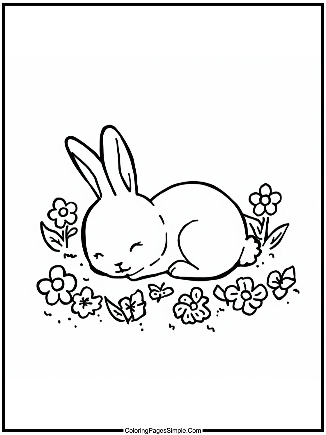 Chibi rabbit sleeping in flower patch.