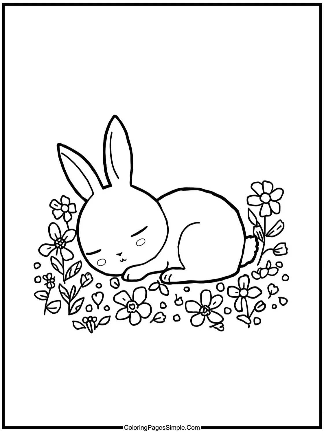 Chibi rabbit sleeping in flower patch.