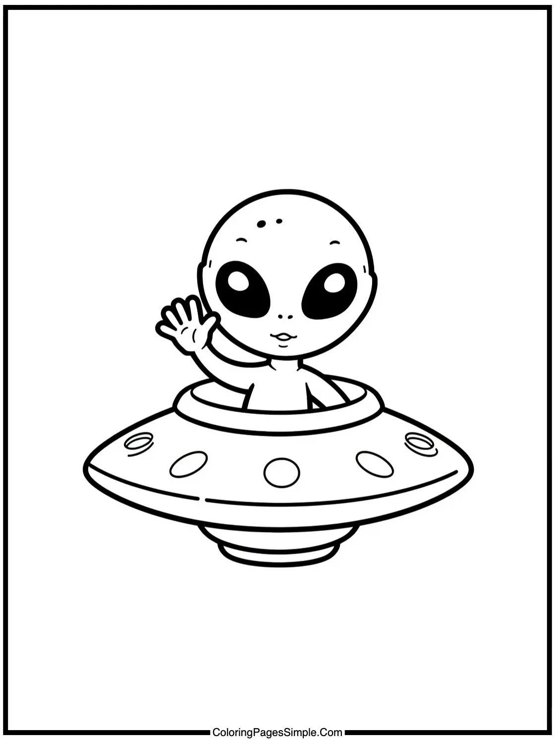 Cute Alien Waving from a Tiny Spaceship.