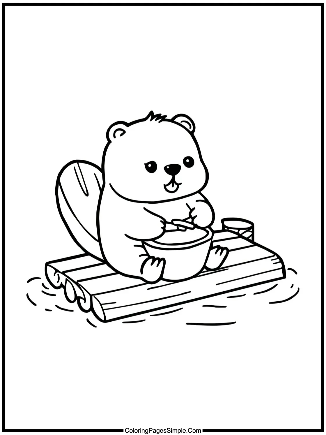 Cute Beaver building a tiny wooden raft.