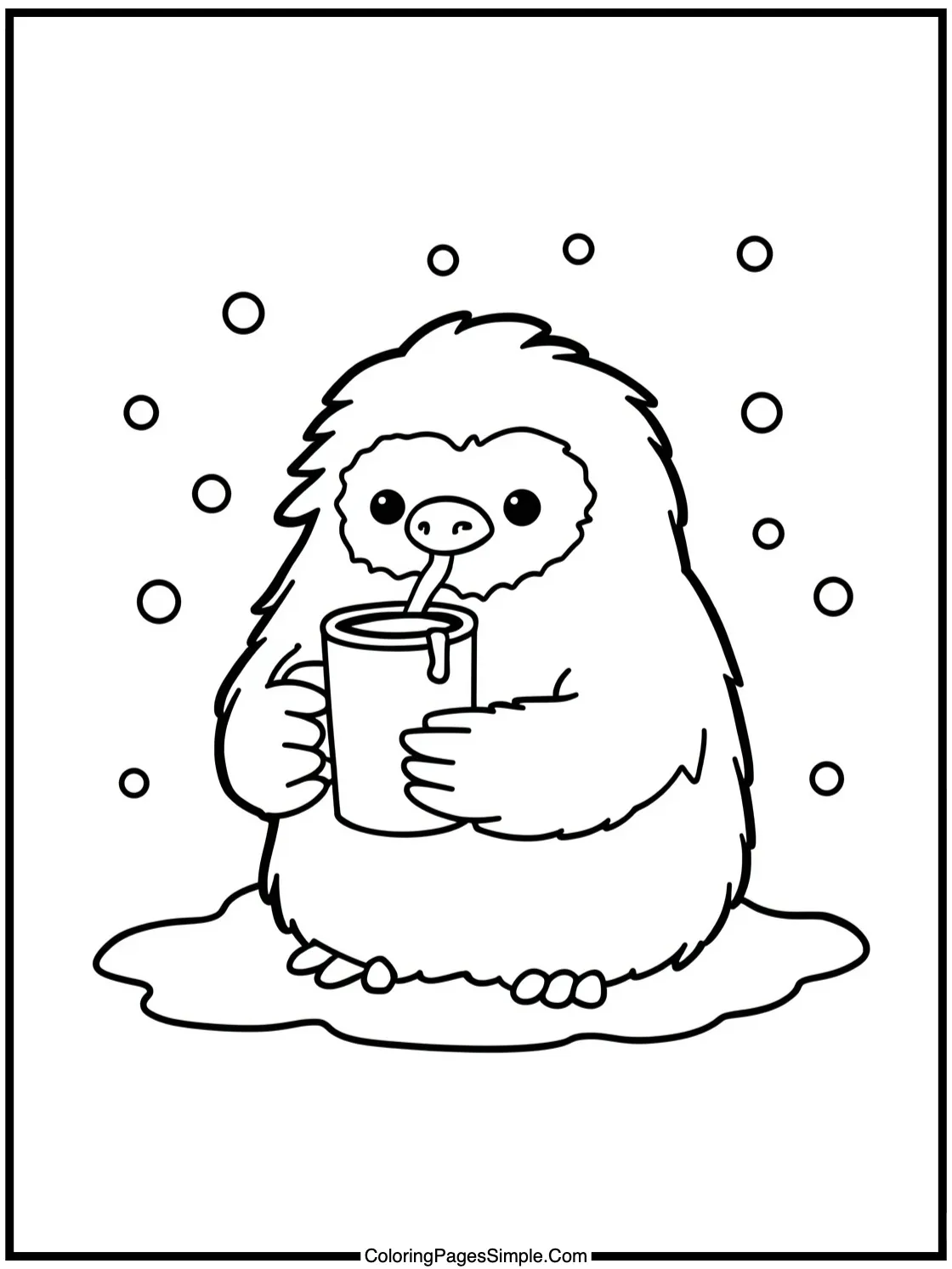 Cute Yeti drinking hot cocoa in snow.
