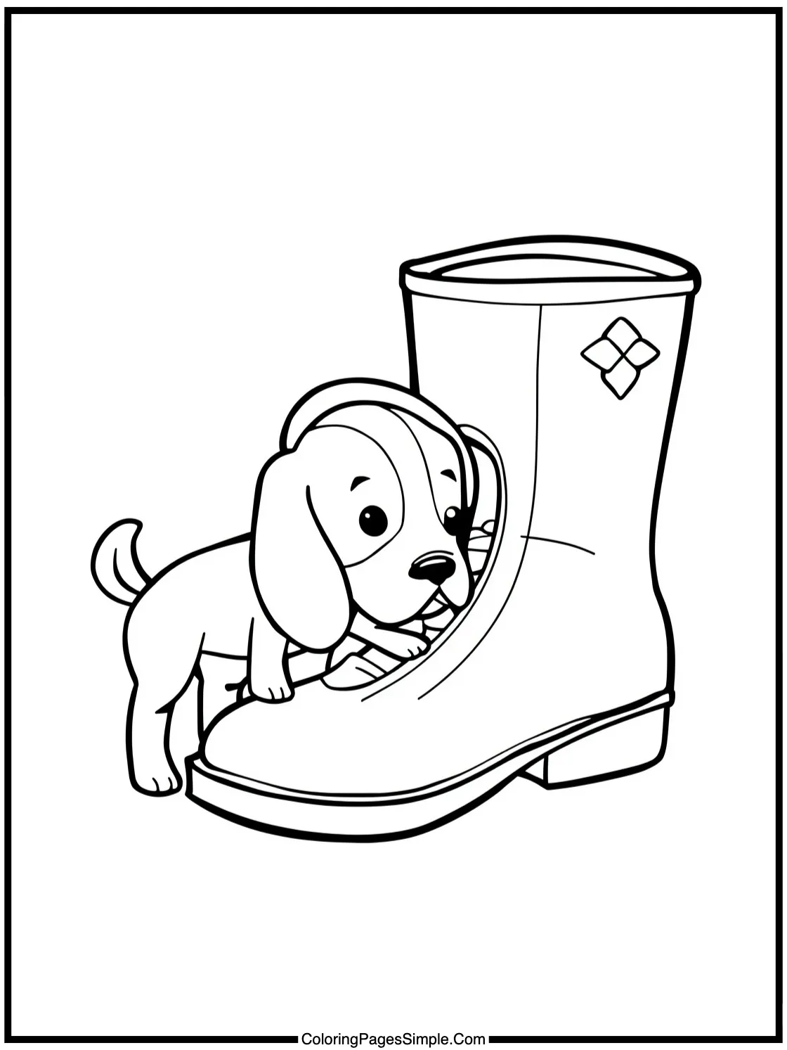 Cute beagle sniffing a giant boot.