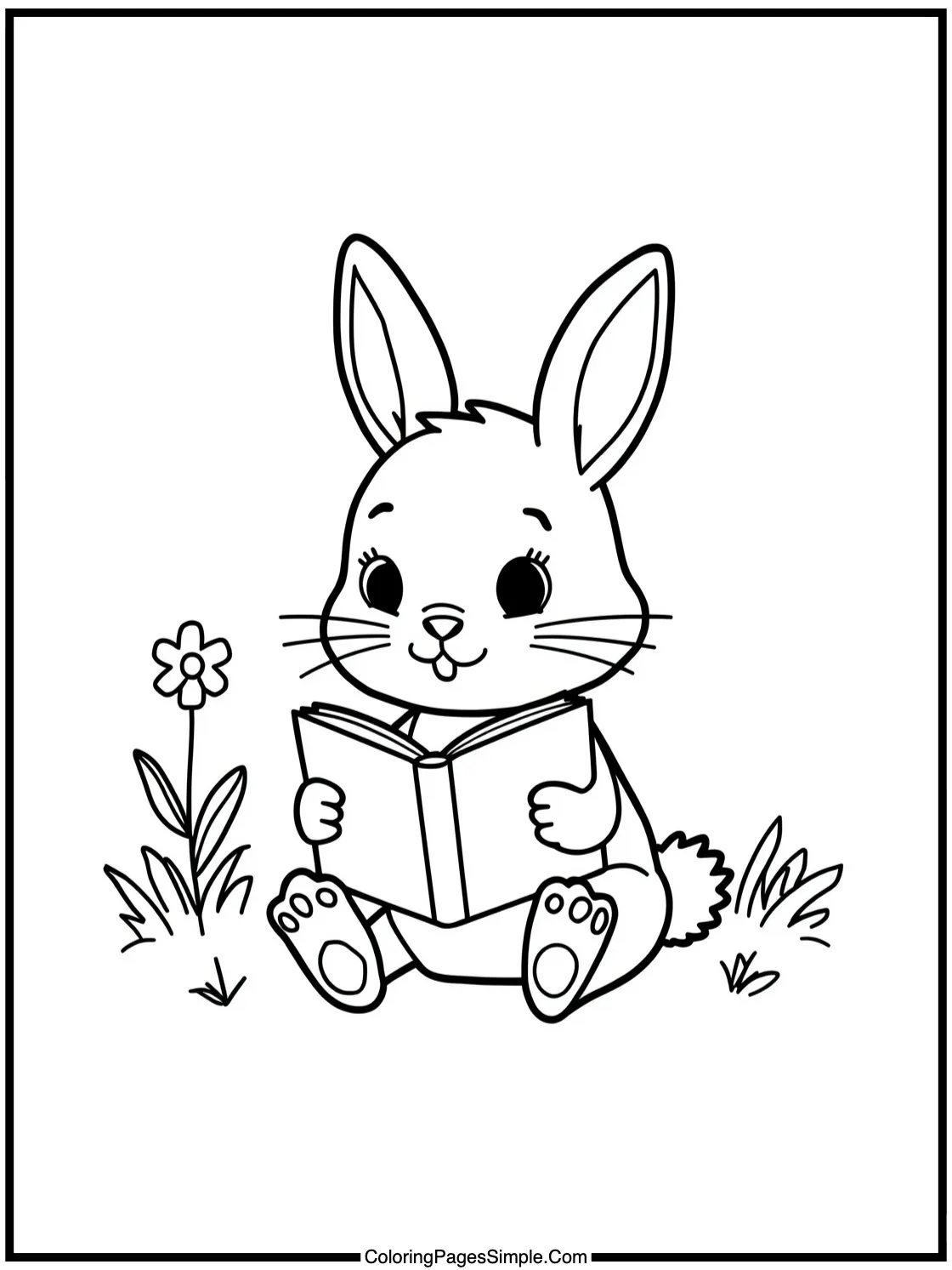 Cute bunny reading a storybook outside.