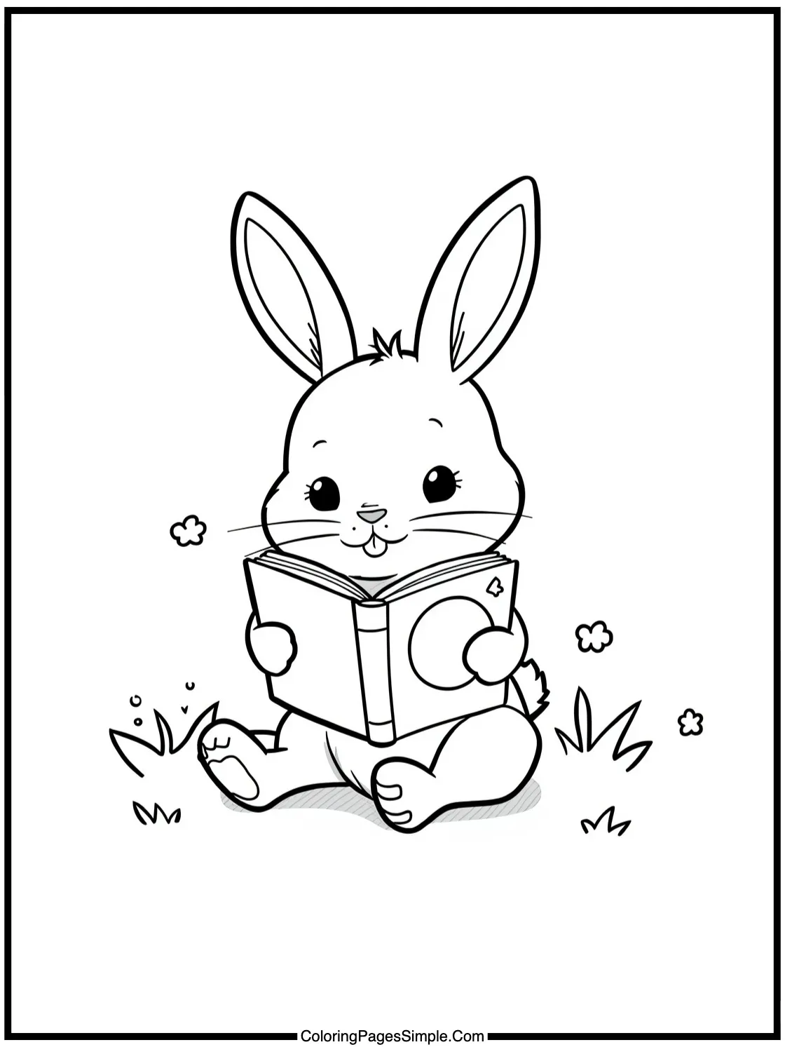 Cute bunny reading a storybook outside.