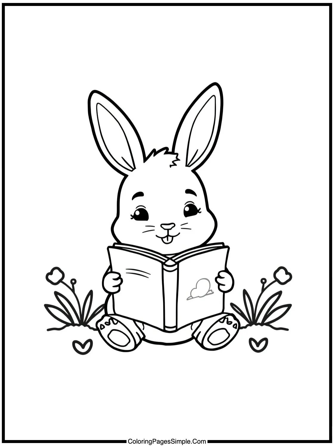 Cute bunny reading a storybook outside.