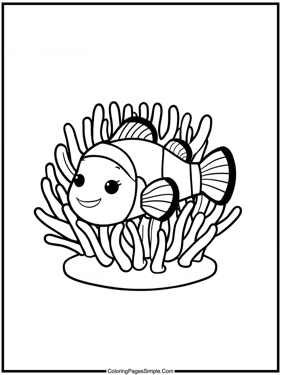 Cute clownfish hiding in anemone happily.