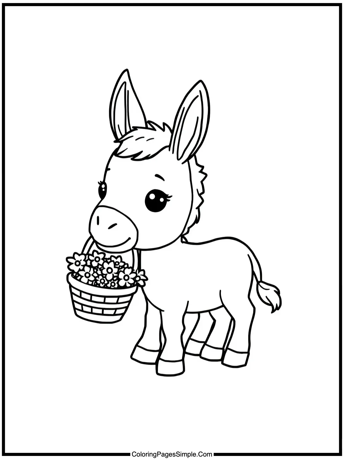 Cute donkey carrying tiny flower basket.