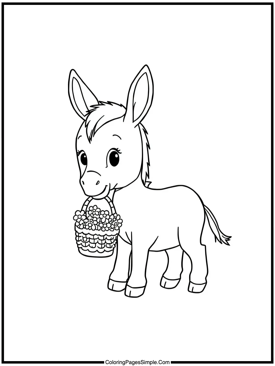 Cute donkey carrying tiny flower basket.