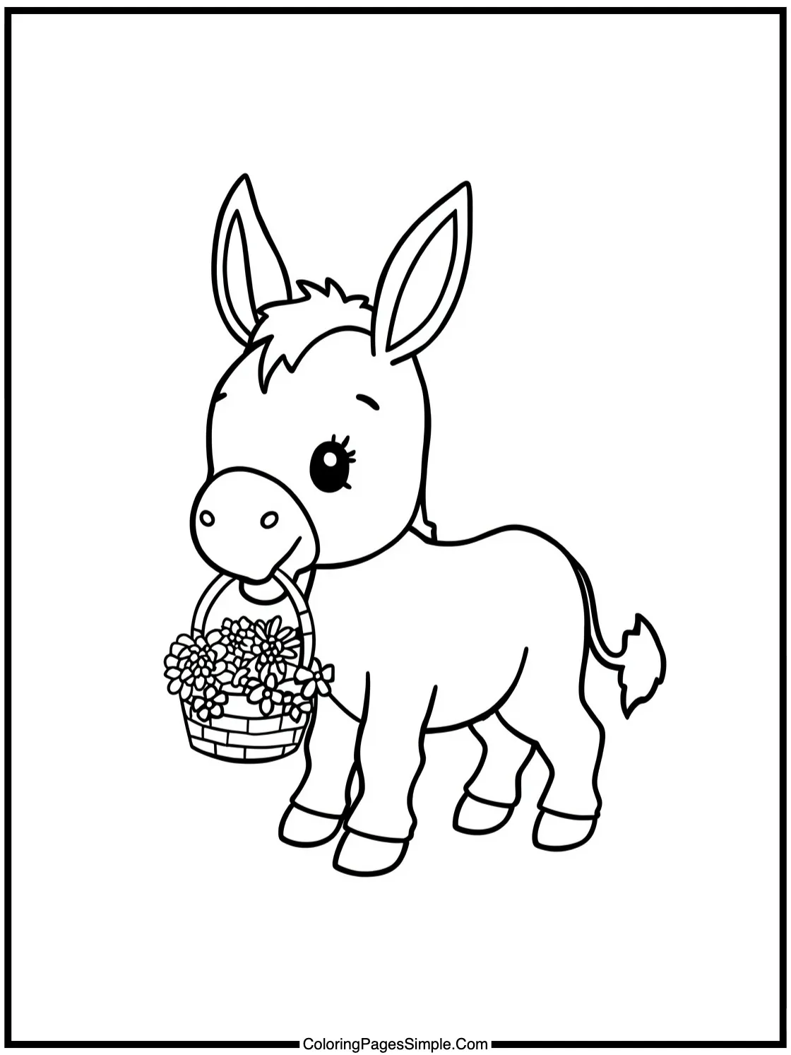 Cute donkey carrying tiny flower basket.