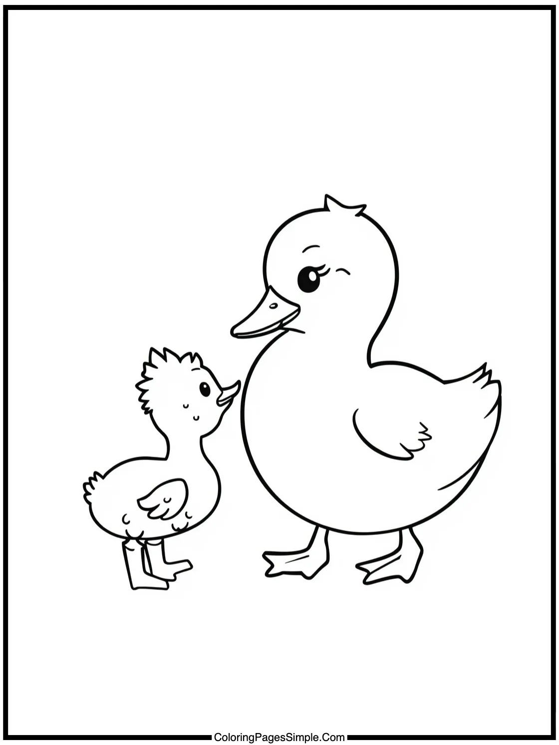 Cute duckling following mama duck closely.