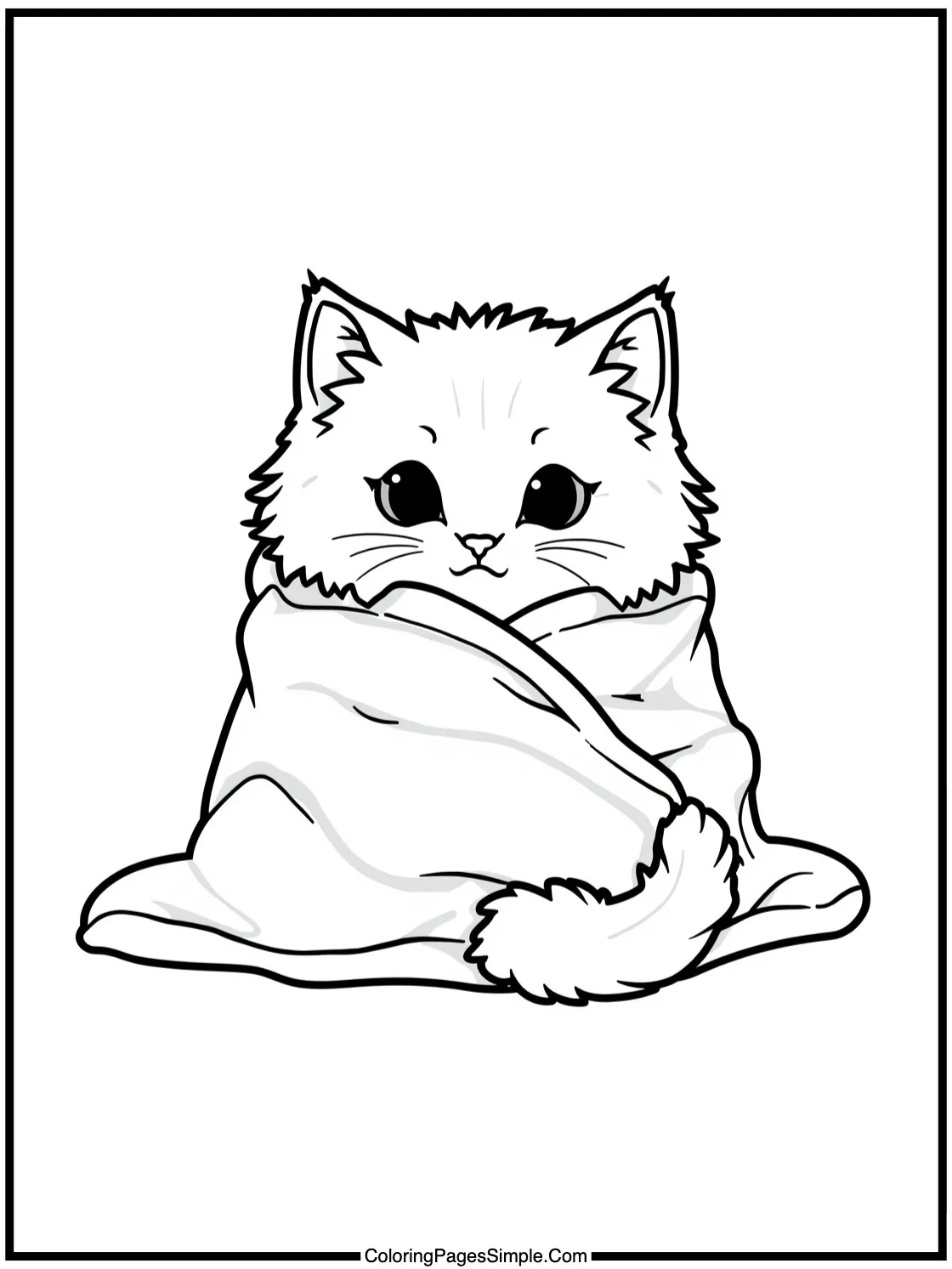 Cute fluffy cat wrapped in blanket.