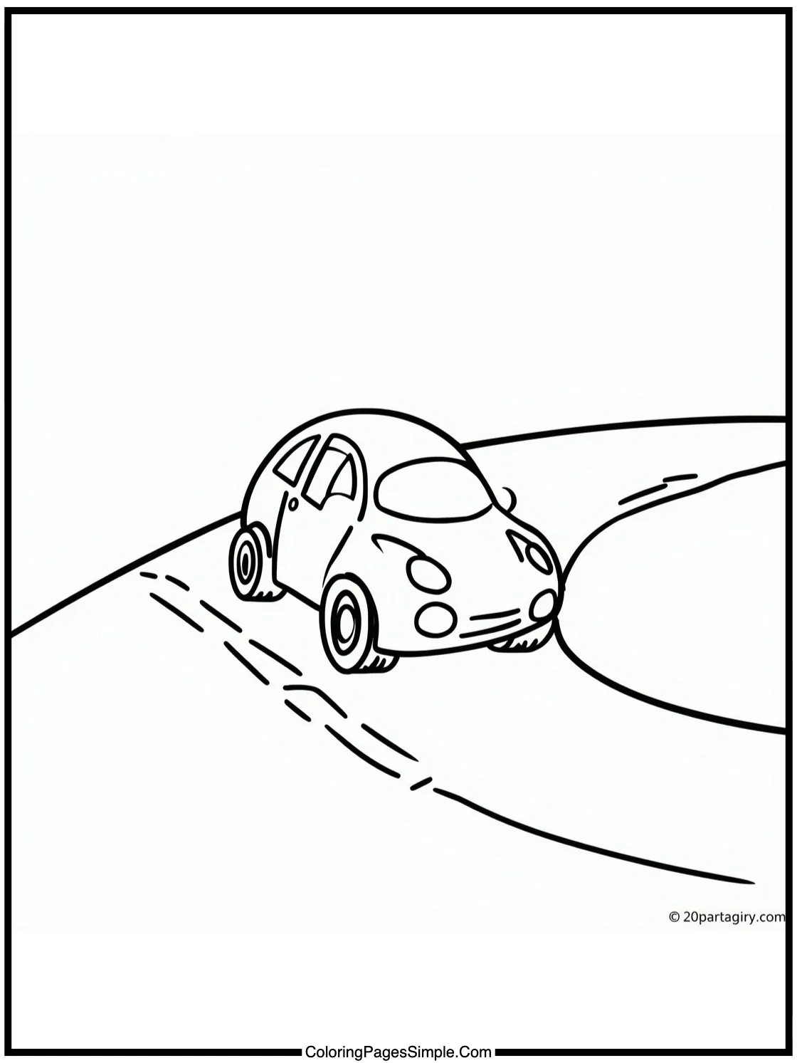Cute little car driving on a curvy road.