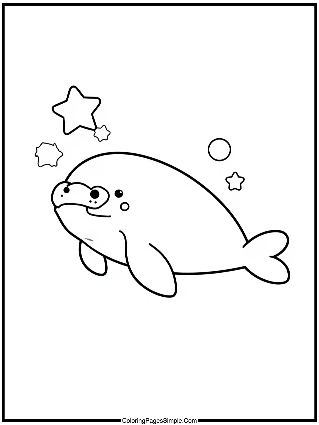 Cute manatee swimming with star bubbles.