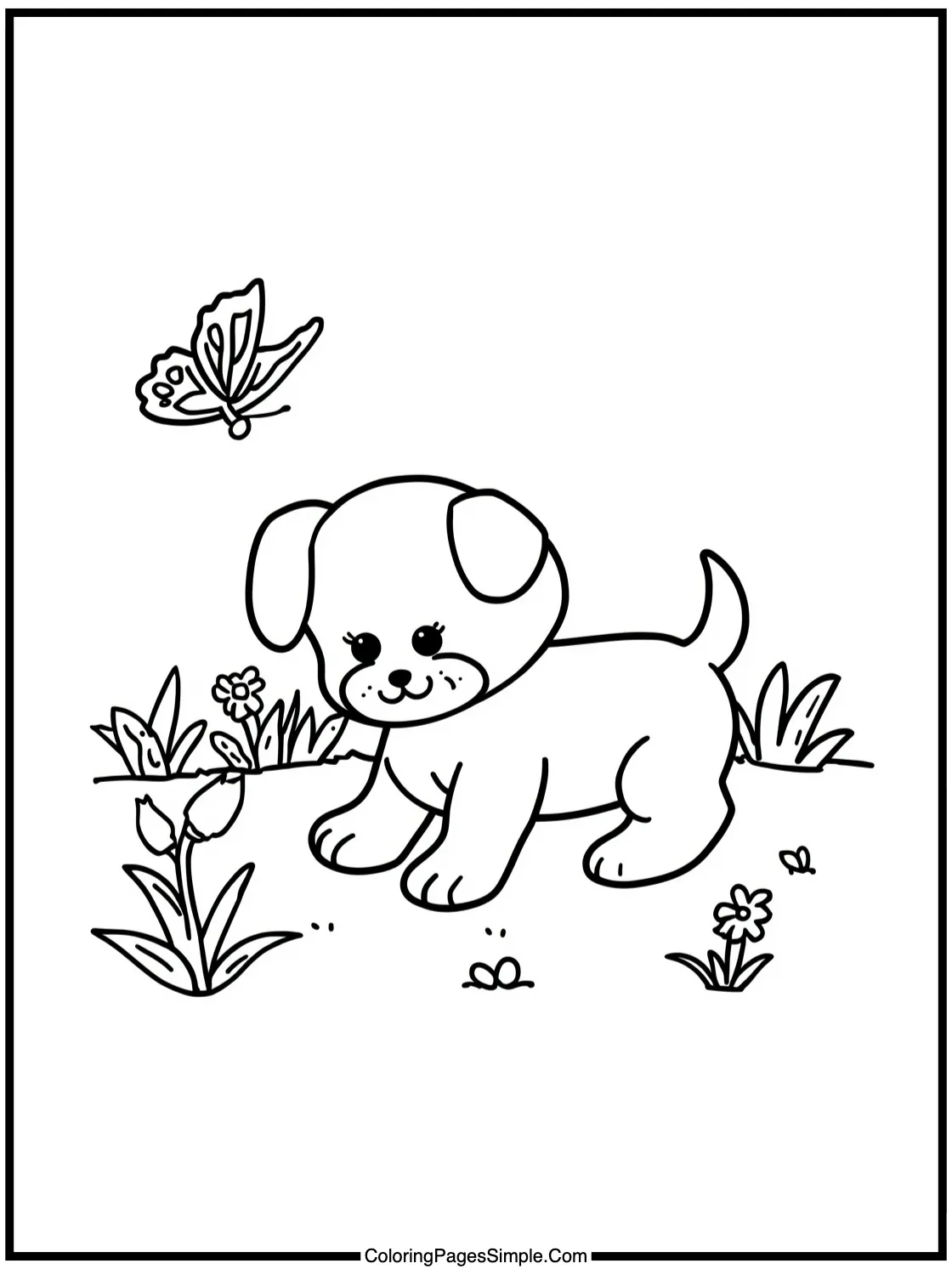 Cute puppy chasing butterfly in garden.