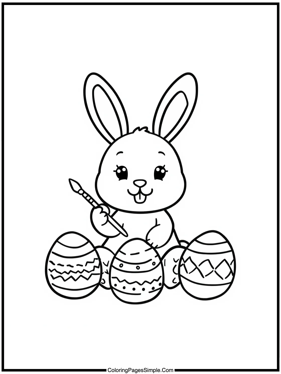 Cute rabbit painting Easter eggs smiling.