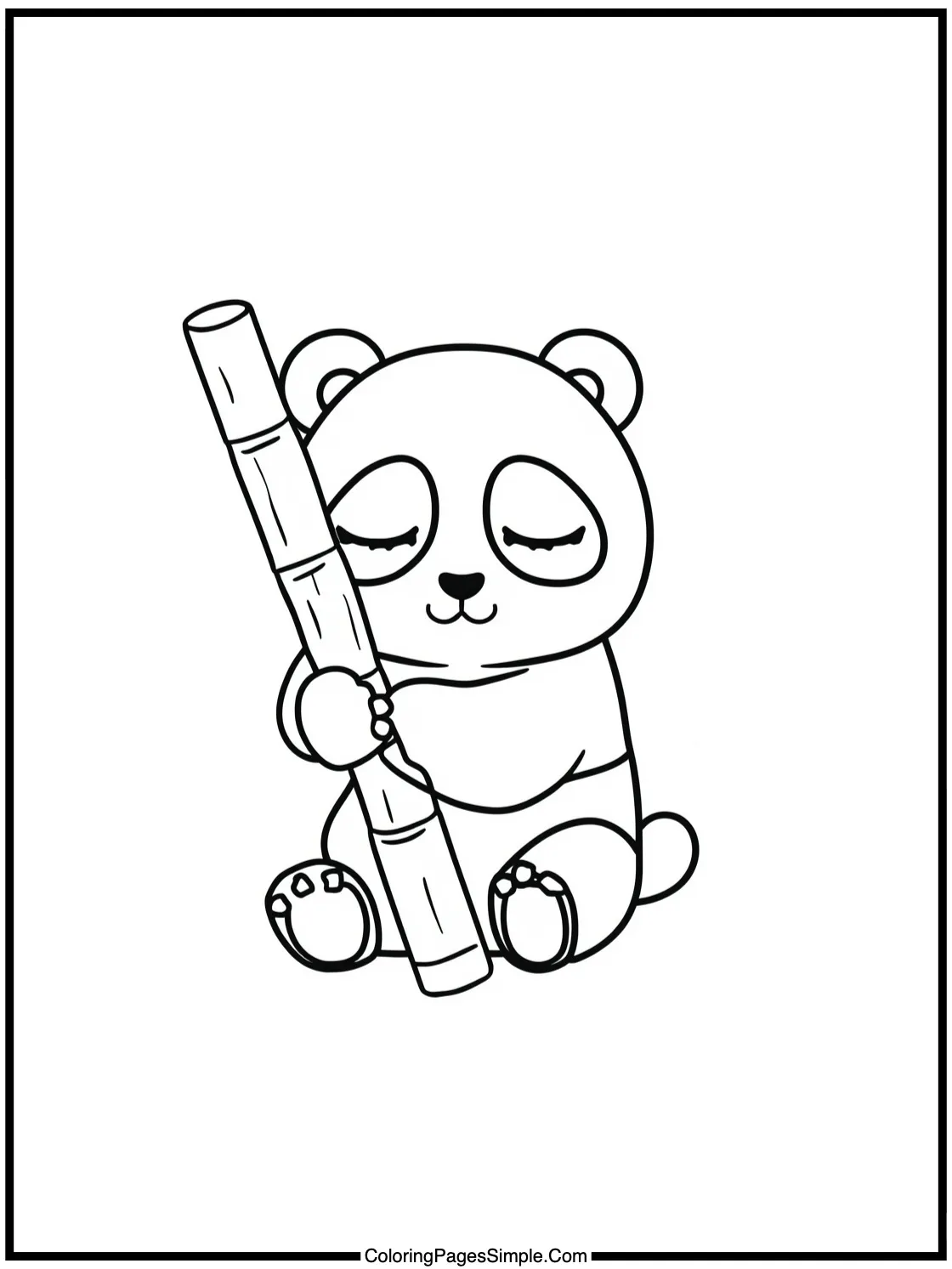 Cute sleepy panda hugging bamboo stick.