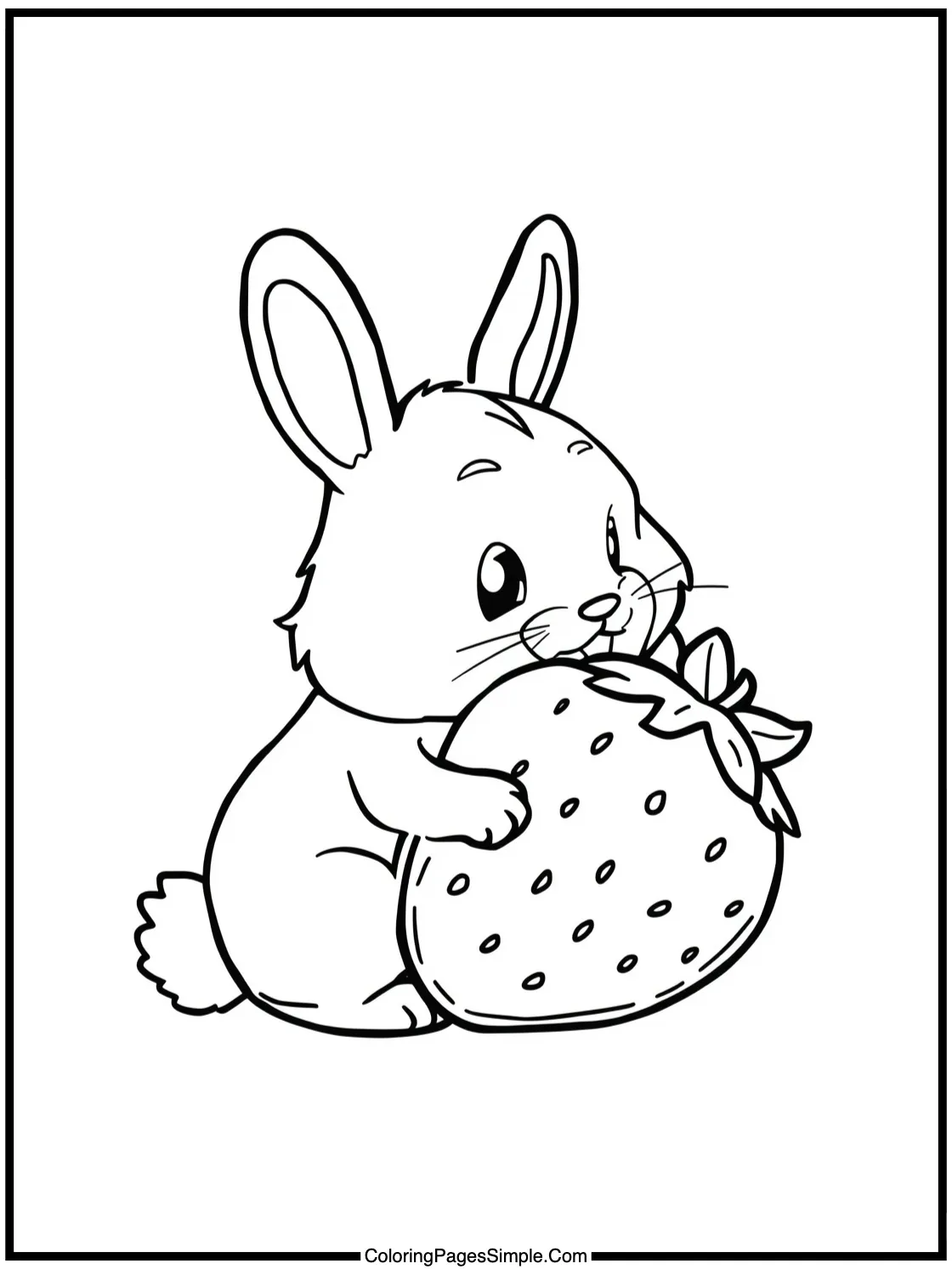 Fluffy bunny eating giant strawberry fruit.