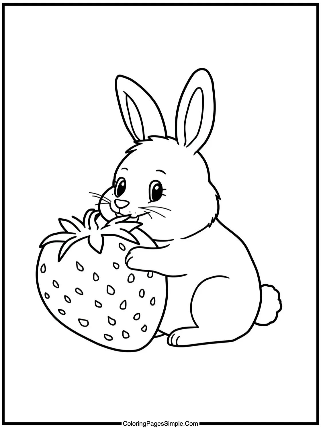 Fluffy bunny eating giant strawberry fruit.