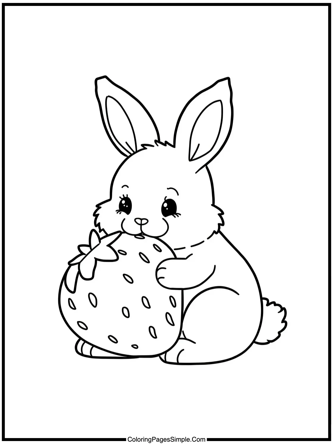 Fluffy bunny eating giant strawberry fruit.