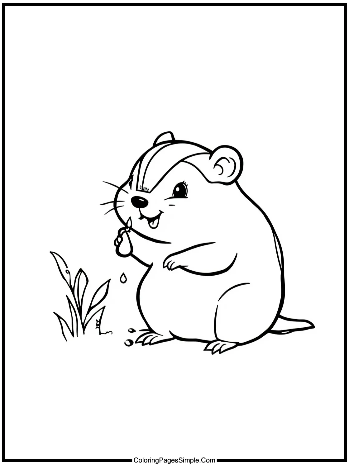 Happy Dormouse drinking dew drops smiling.