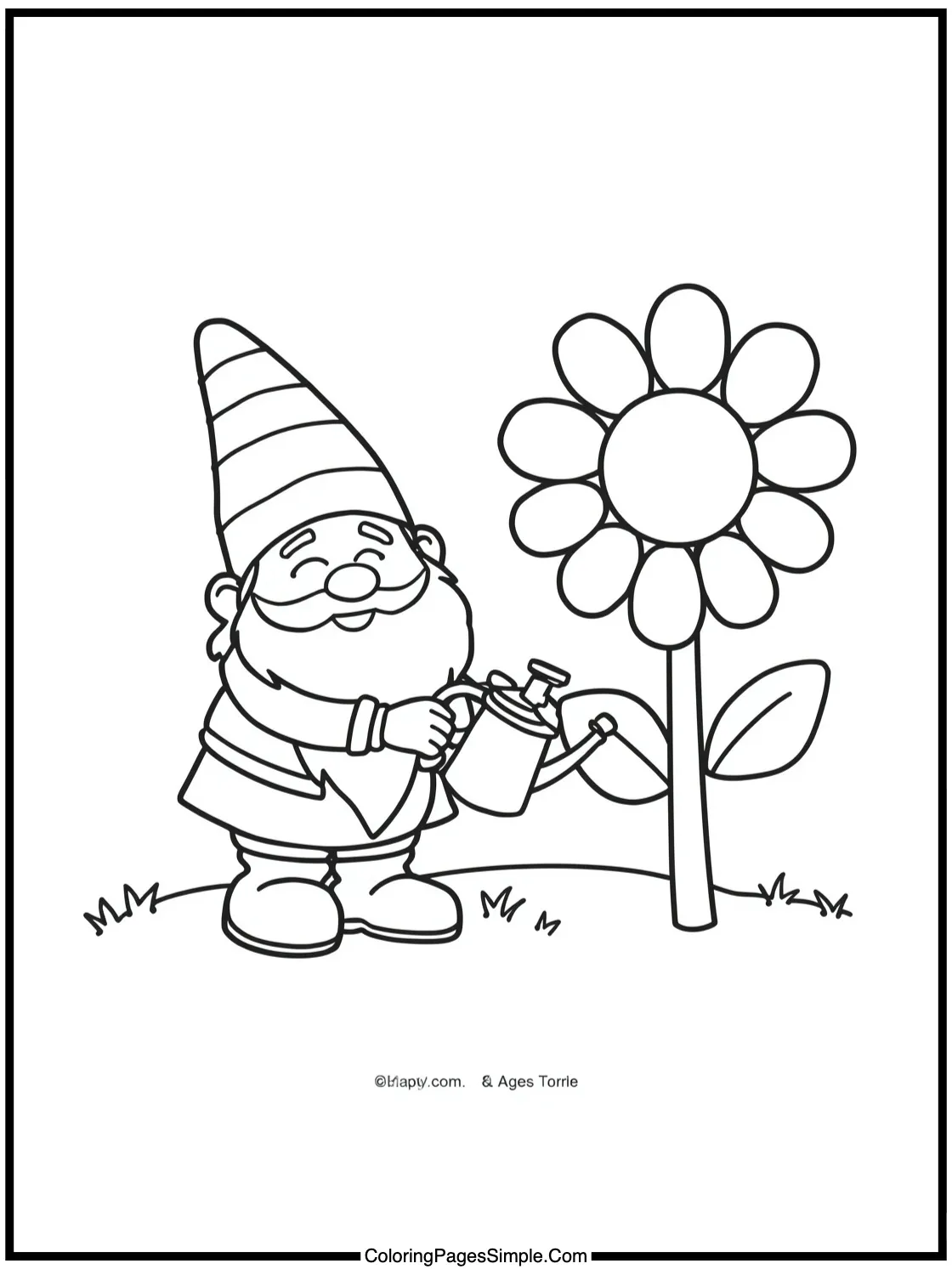 Happy Gnome Watering a Giant Flower.