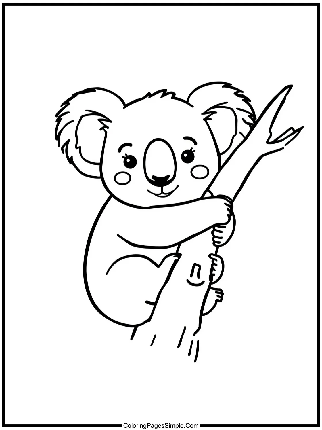 Happy Koala bear hugging tree branch.