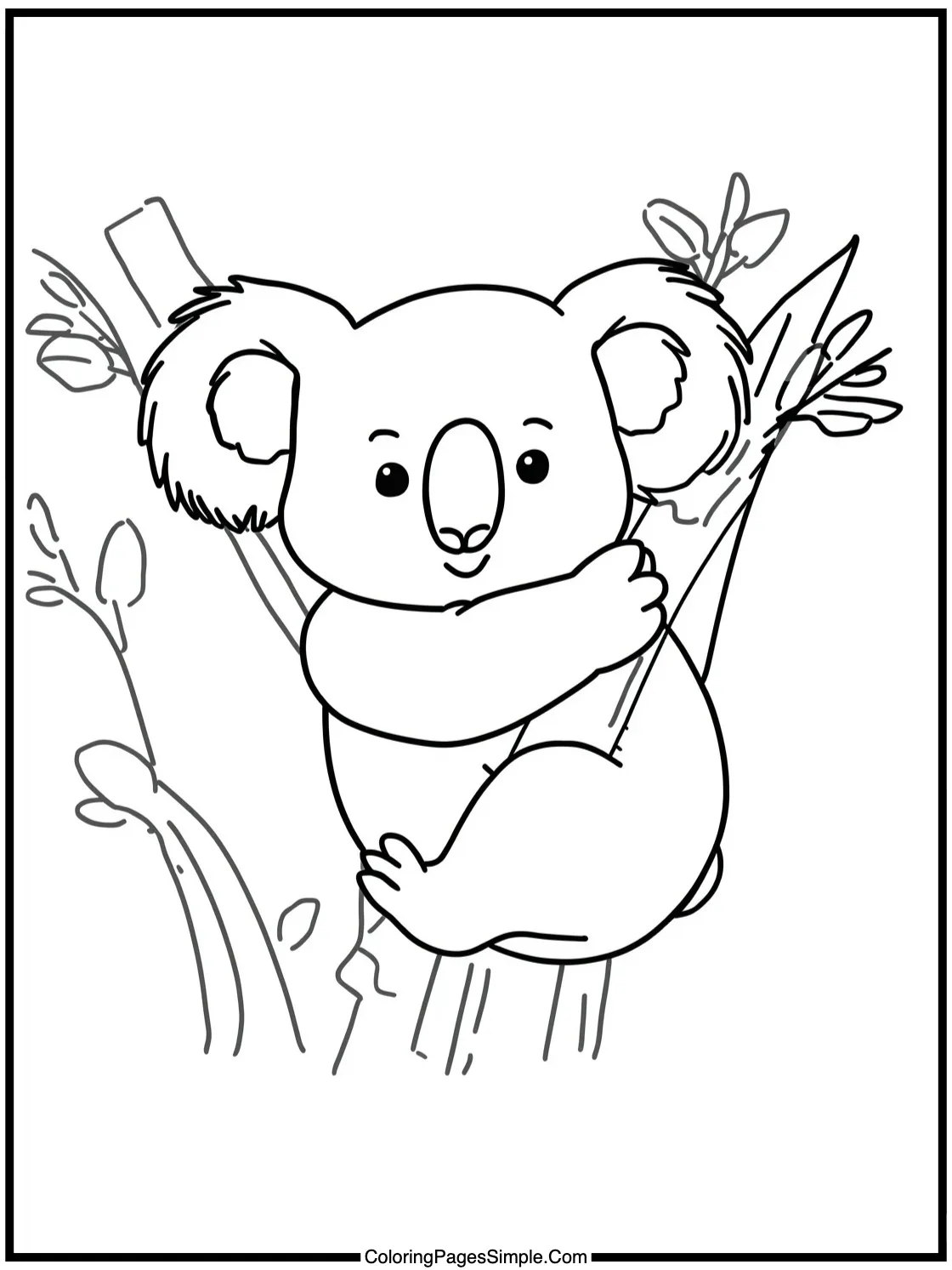 Happy Koala bear hugging tree branch.