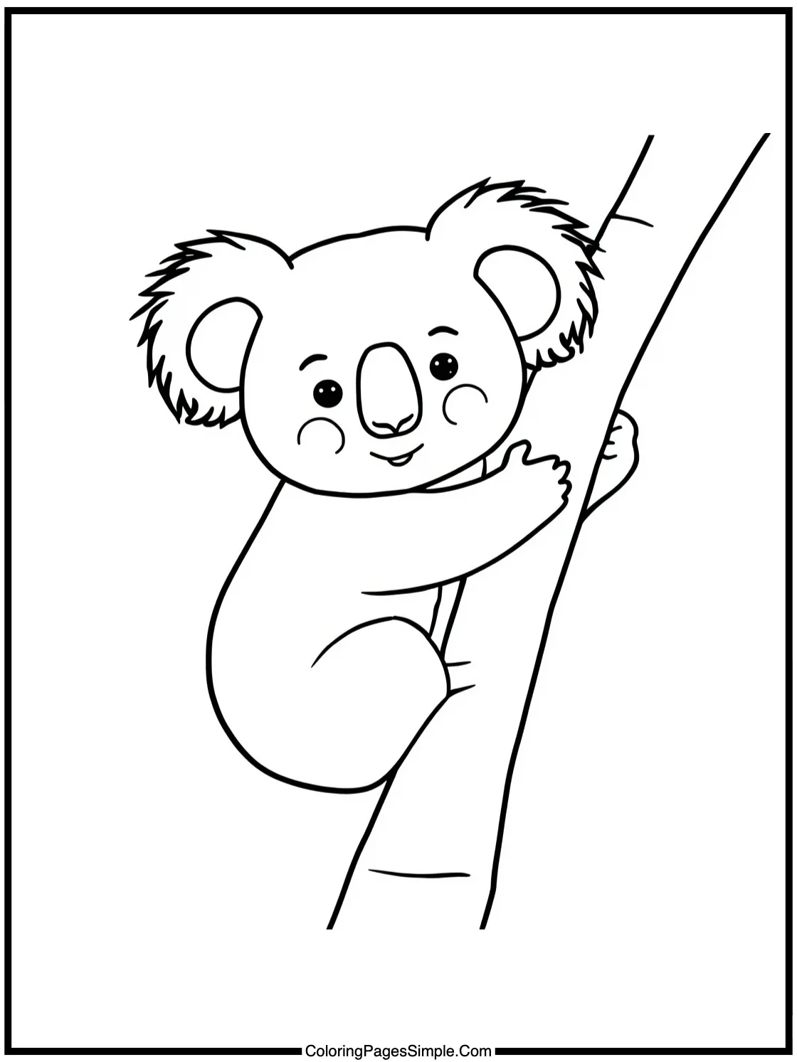 Happy Koala bear hugging tree branch.
