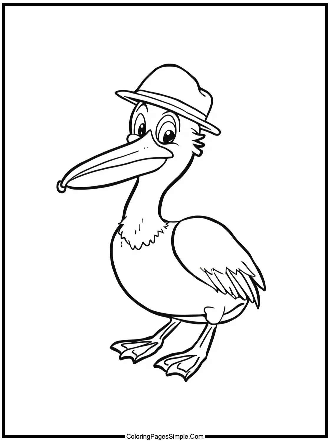 Happy Pelican wearing a fishing hat.