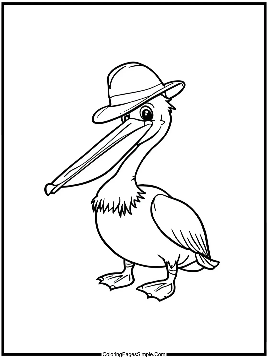 Happy Pelican wearing a fishing hat.