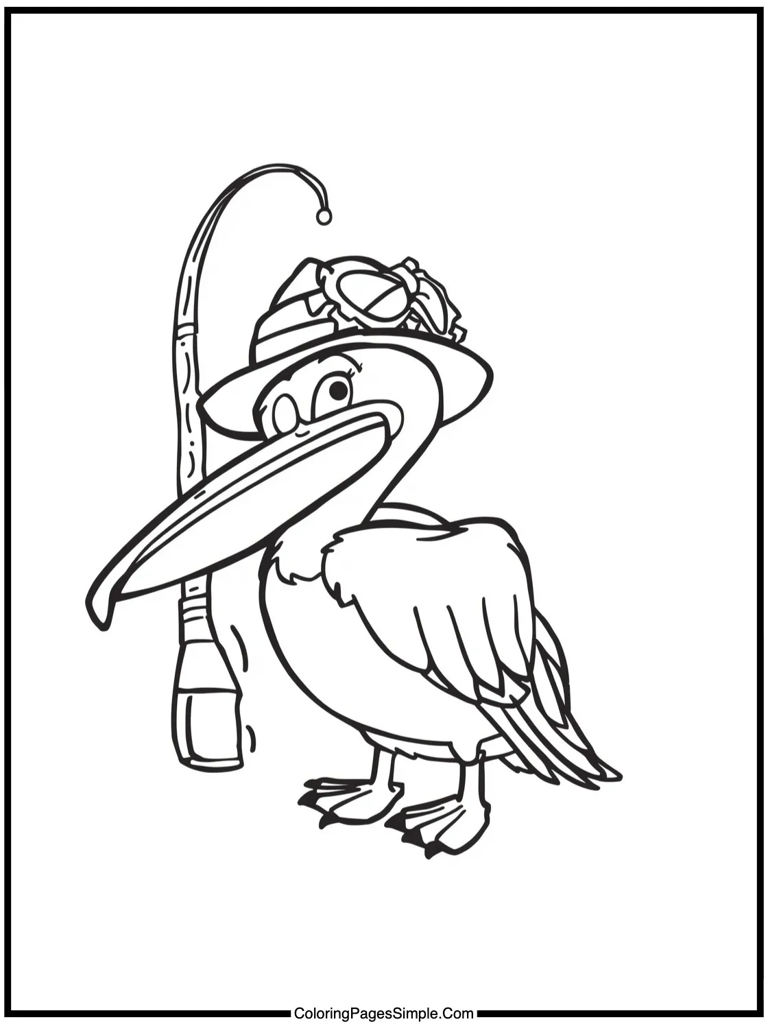 Happy Pelican wearing a fishing hat.