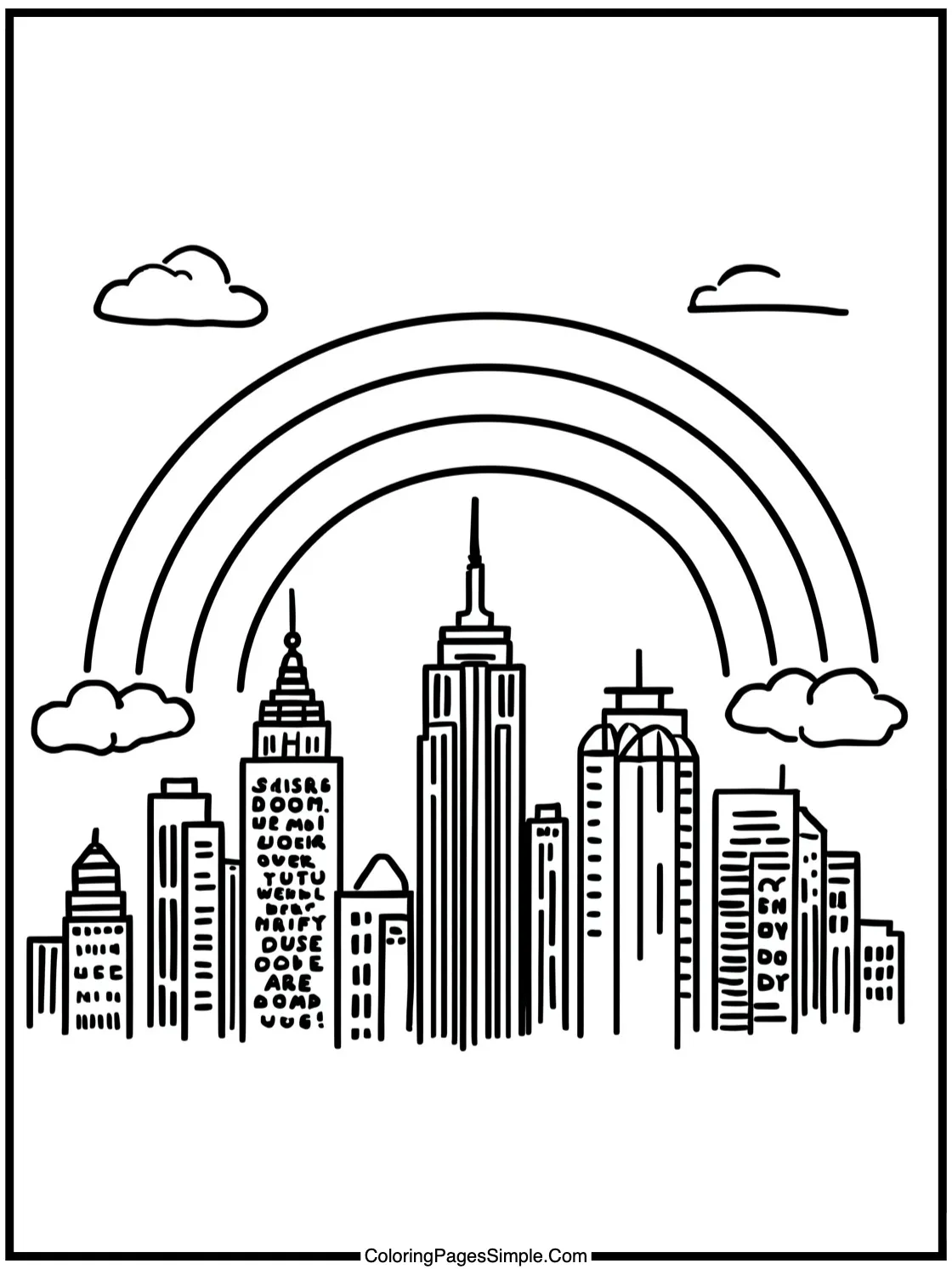 Happy Rainbow Smiling Over City Skyline.