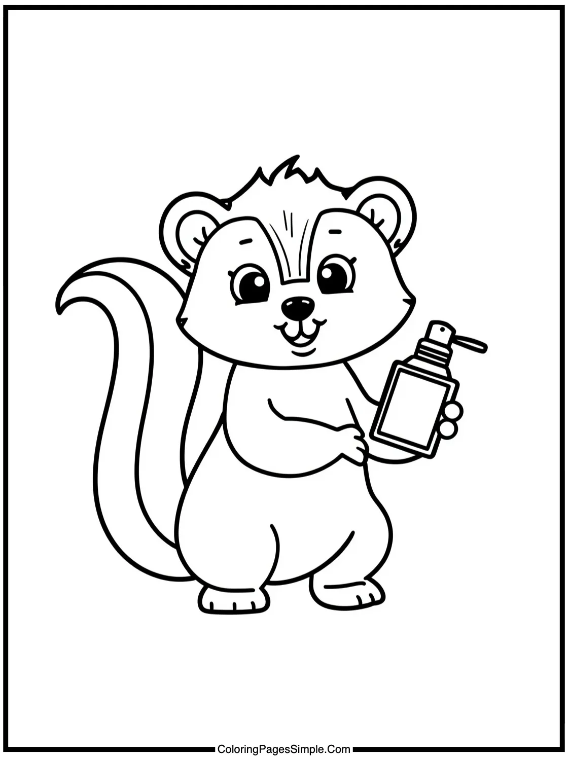 Happy skunk holding a perfume bottle.