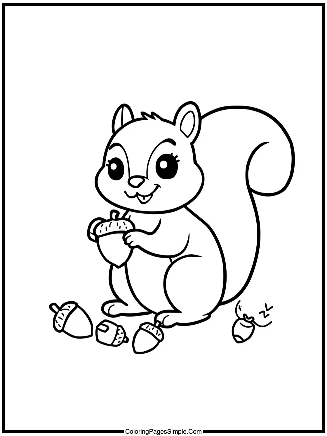 Happy squirrel collecting shiny acorns.