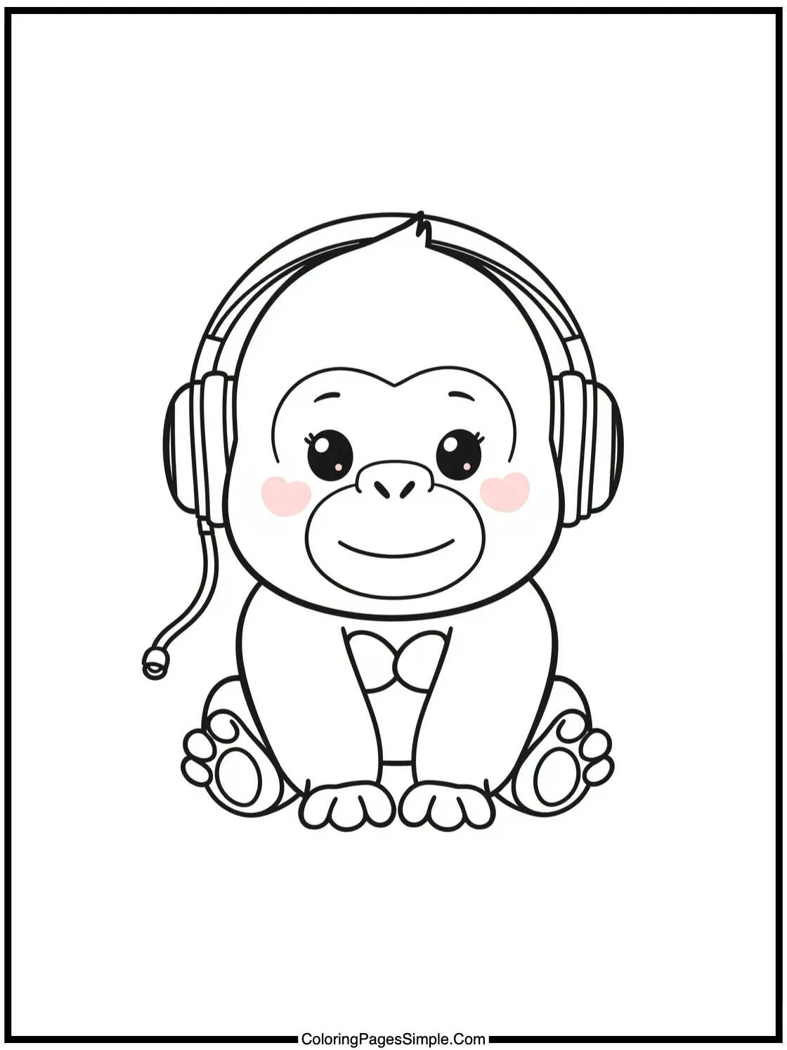 Kawaii Gorilla wearing tiny headphones smiling.
