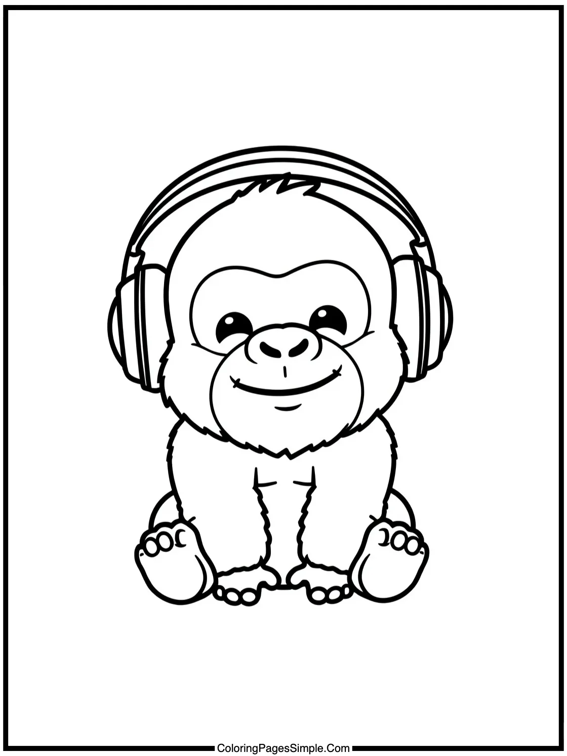 Kawaii Gorilla wearing tiny headphones smiling.
