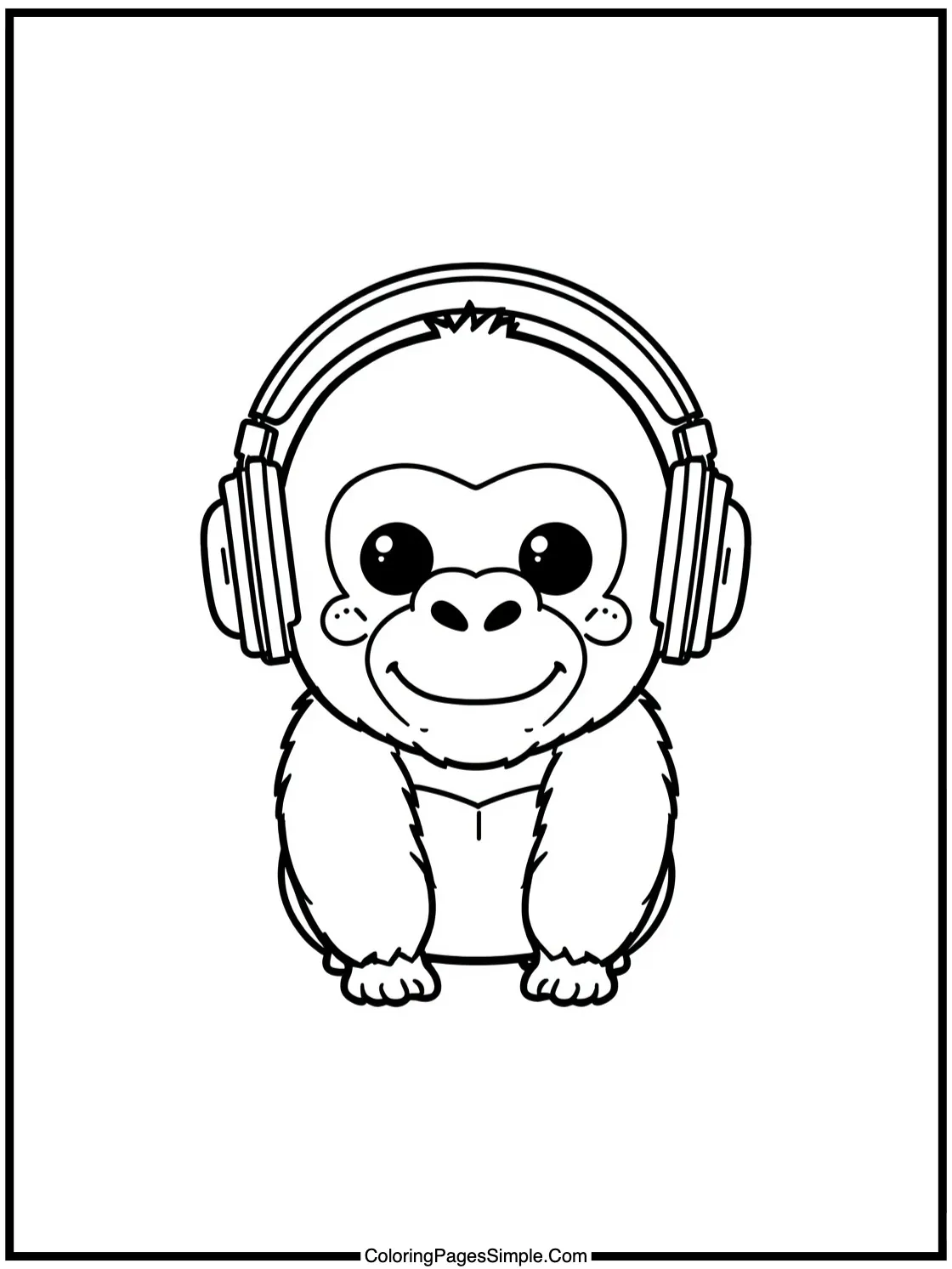 Kawaii Gorilla wearing tiny headphones smiling.