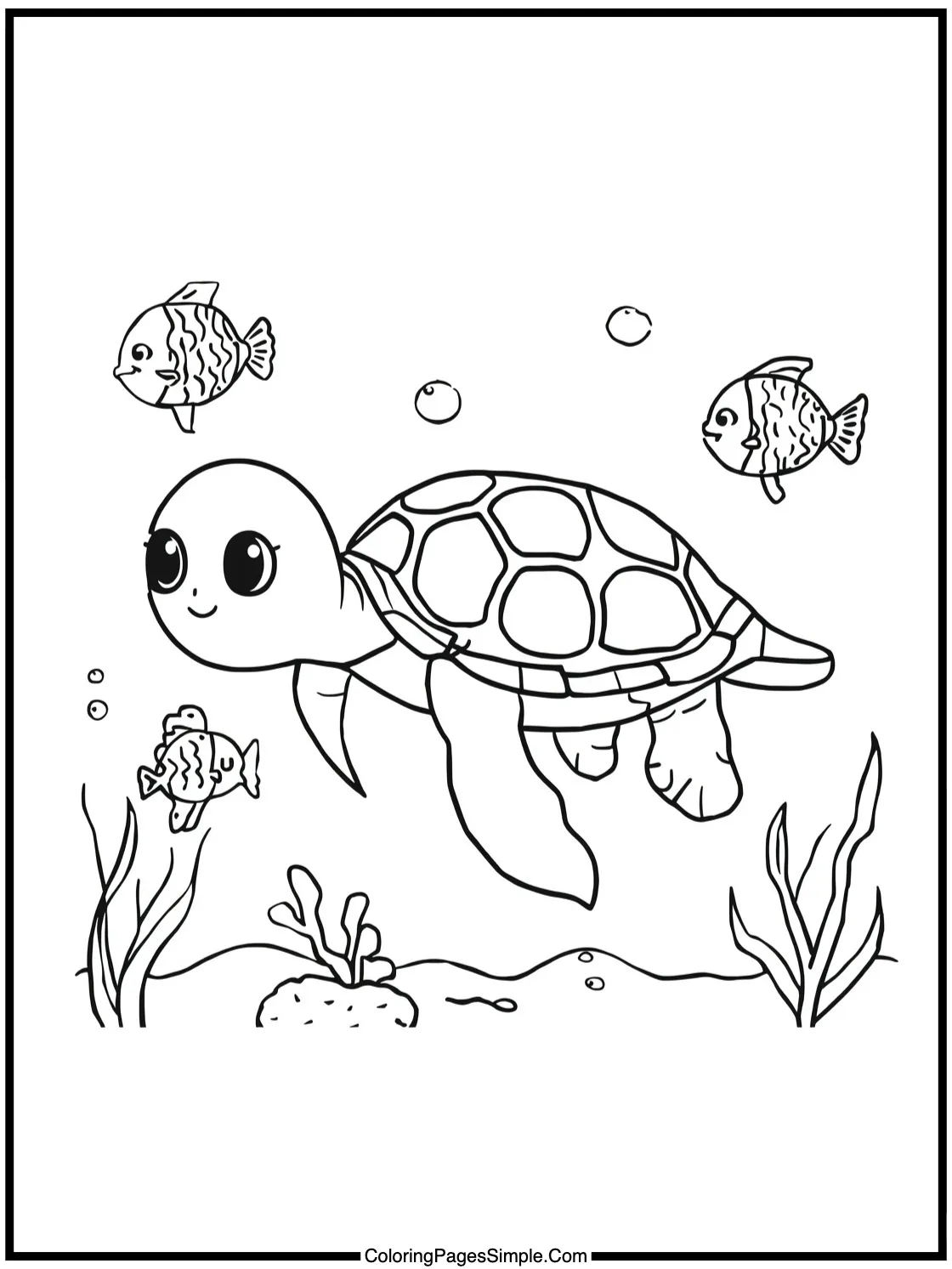 Kawaii Sea Turtle swimming with tiny fish.