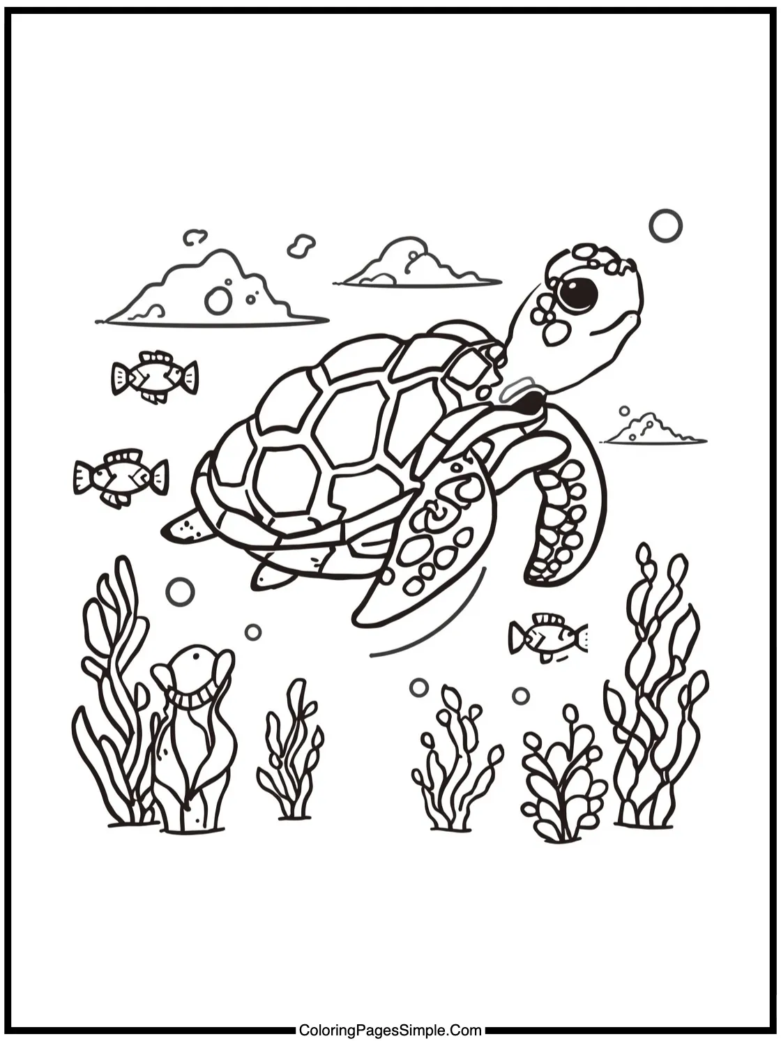 Kawaii Sea Turtle swimming with tiny fish.